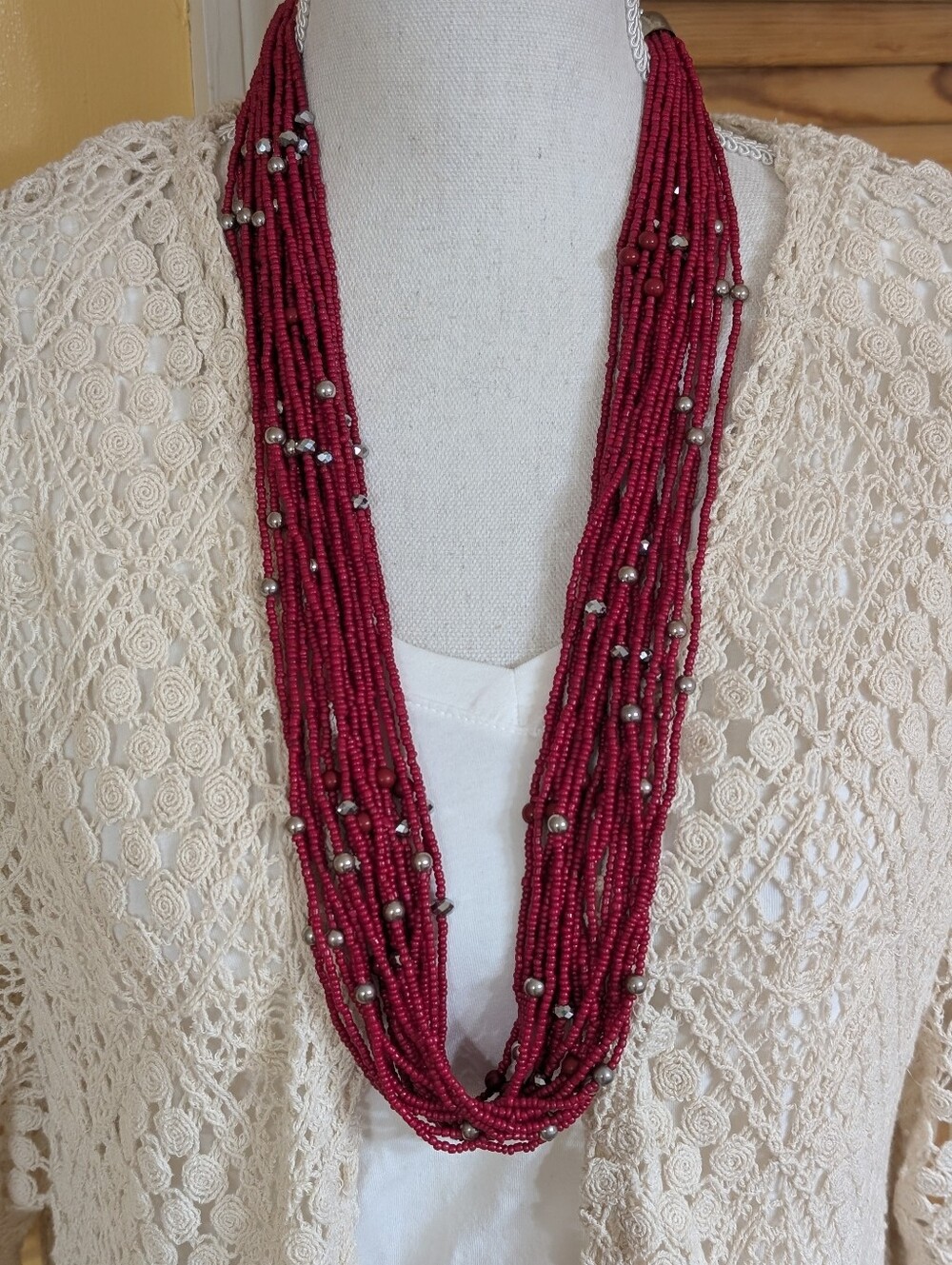 Mixit Color Multi-Strand Red Seed Bead Necklace with Silver Accents NWT $28